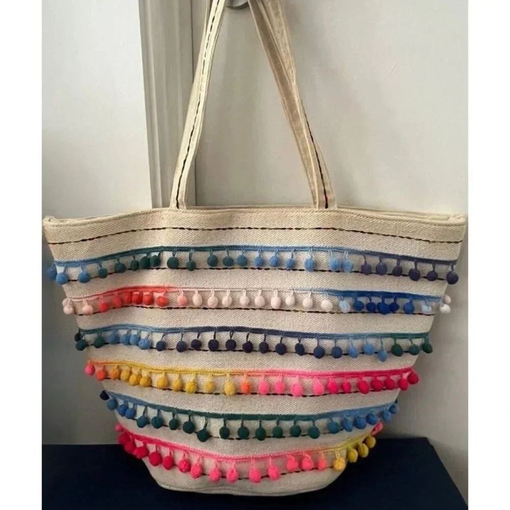 Paper Source Colorful Pom Pom‎ Large Canvas Tote, Colorful Stripes, Zip Closure